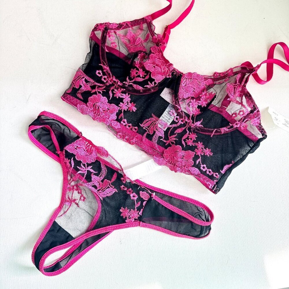 Bed of Roses Black Pink Floral Bra Thong Set S